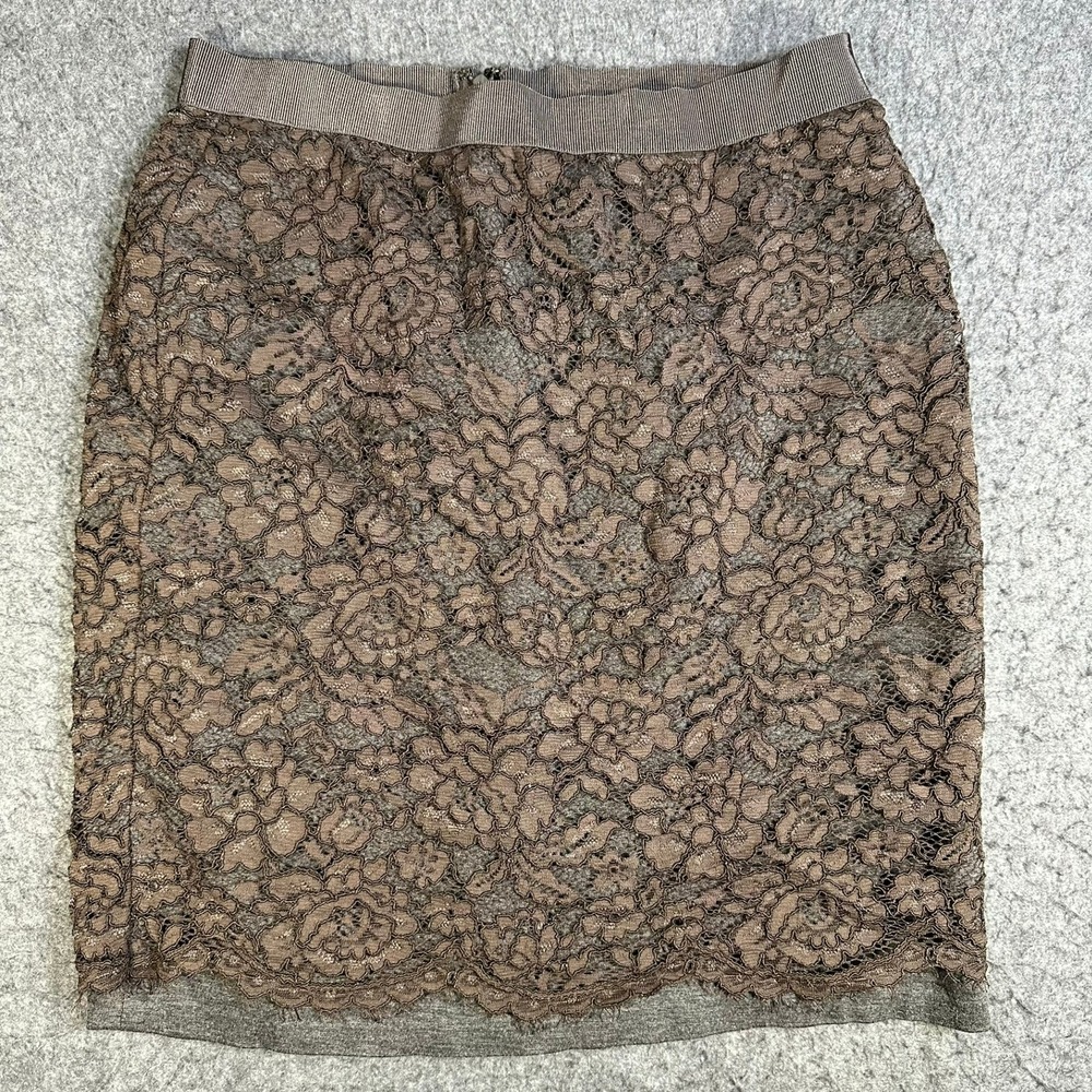 LOFT Women Taupe Brown Floral Lace Overlay Pencil Skirt Size 6 Scalloped Hem